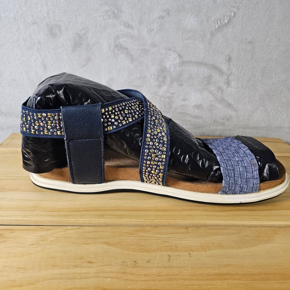 Women's Navy Blue Rhinestone Embellished Flat Sandals Size 40 - Picture 4 of 8